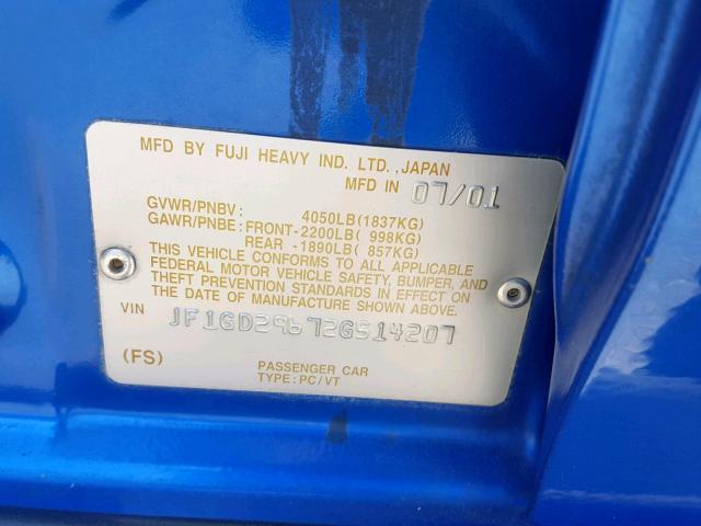 JF1GD29672G514207 - 2002 SUBARU IMPREZA WR BLUE photo 10