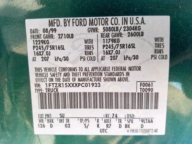 1FTZR15XXXPC01933 - 1999 FORD RANGER SUP GREEN photo 10