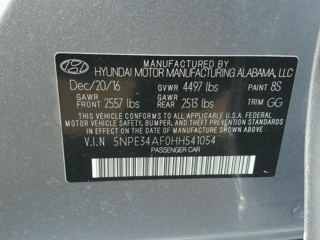 5NPE34AF0HH541054 - 2017 HYUNDAI SONATA SPO SILVER photo 10