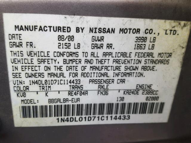 1N4DL01D71C114433 - 2001 NISSAN ALTIMA XE SILVER photo 10