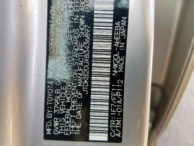 JTDKB20UX83436897 - 2008 TOYOTA PRIUS SILVER photo 10