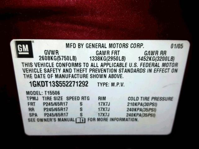 1GKDT13S552271292 - 2005 GMC ENVOY BURGUNDY photo 10