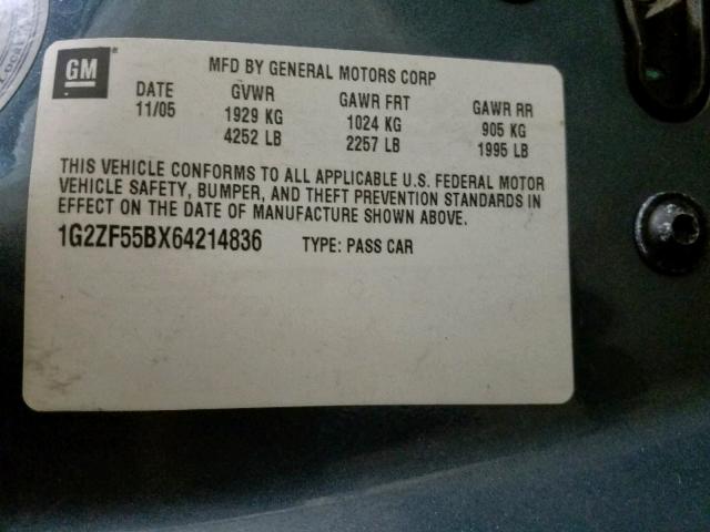 1G2ZF55BX64214836 - 2006 PONTIAC G6 SE BLUE photo 10