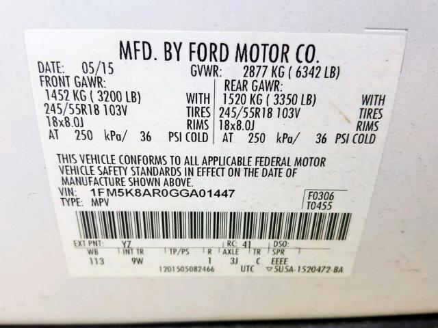 1FM5K8AR0GGA01447 - 2016 FORD EXPLORER P WHITE photo 10