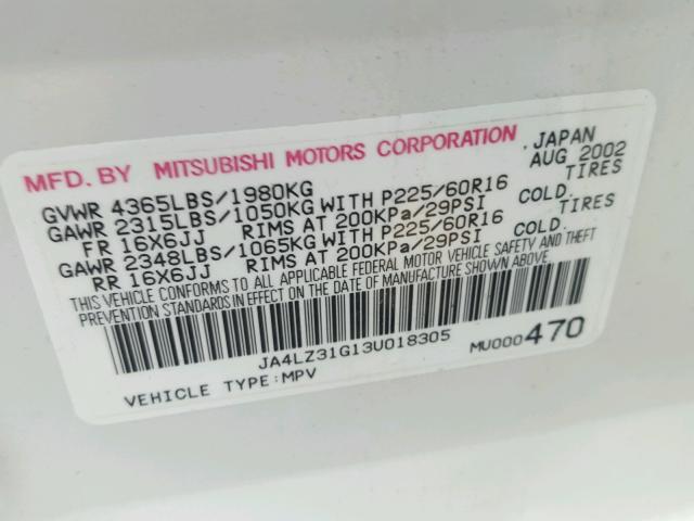 JA4LZ31G13U018305 - 2003 MITSUBISHI OUTLANDER WHITE photo 10