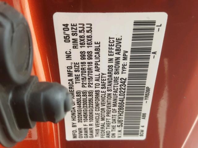 5J6YH28664L022342 - 2004 HONDA ELEMENT EX ORANGE photo 10