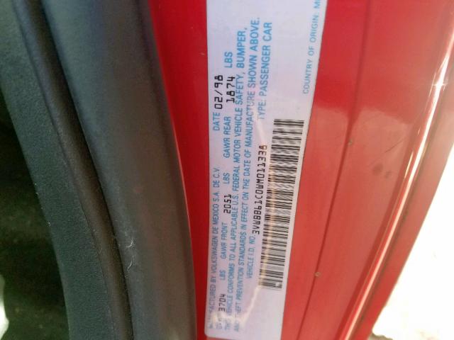 3VWBB61C0WM011338 - 1998 VOLKSWAGEN NEW BEETLE წითელი ფოტო 10