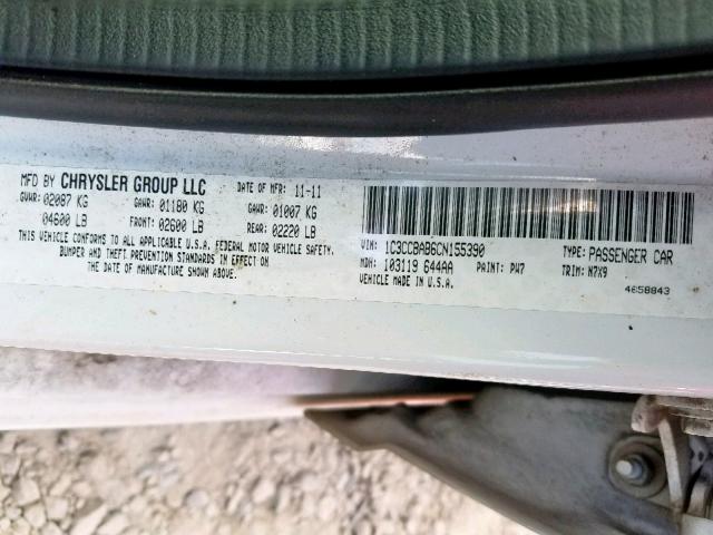 1C3CCBAB6CN155390 - 2012 CHRYSLER 200 LX WHITE photo 10