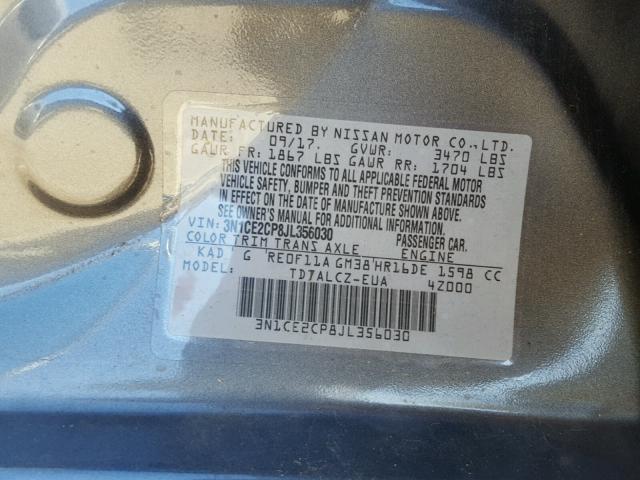 3N1CE2CP8JL356030 - 2018 NISSAN VERSA NOTE GRAY photo 10