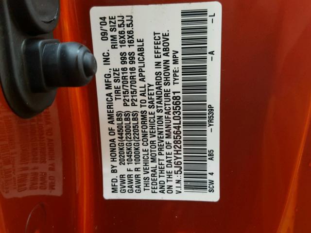 5J6YH28564L035681 - 2004 HONDA ELEMENT EX ORANGE photo 10