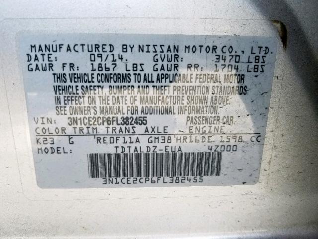 3N1CE2CP6FL382455 - 2015 NISSAN VERSA NOTE SILVER photo 10