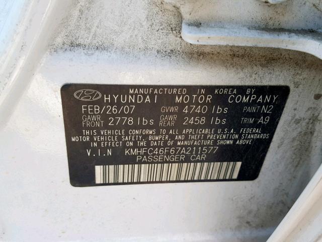 KMHFC46F67A211577 - 2007 HYUNDAI AZERA SE WHITE photo 10