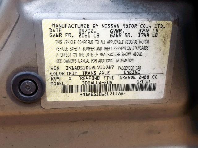 3N1AB51D62L711787 - 2002 NISSAN SENTRA SE- SILVER photo 10