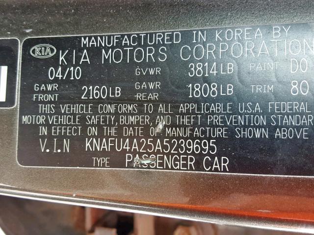 KNAFU4A25A5239695 - 2010 KIA FORTE EX BROWN photo 10