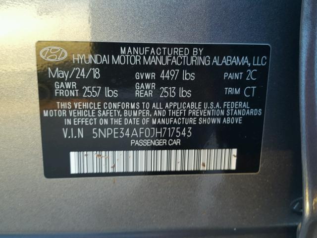 5NPE34AF0JH717543 - 2018 HYUNDAI SONATA SPO GRAY photo 10