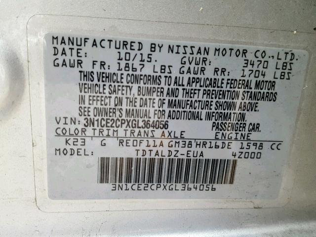 3N1CE2CPXGL364056 - 2016 NISSAN VERSA NOTE SILVER photo 10