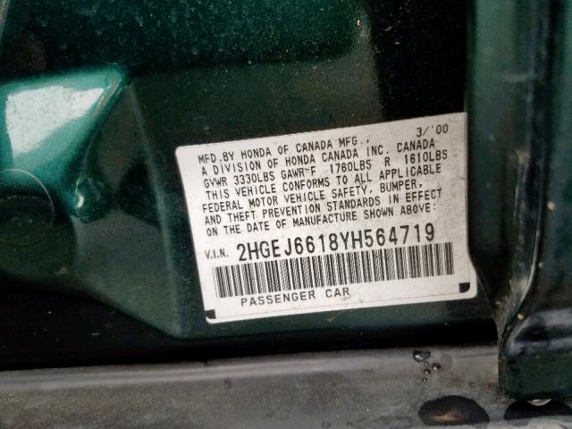2HGEJ6618YH564719 - 2000 HONDA CIVIC BASE Yaşıl foto 10