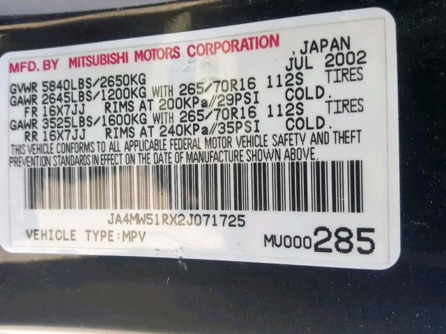 JA4MW51RX2J071725 - 2002 MITSUBISHI MONTERO LI BLACK photo 10