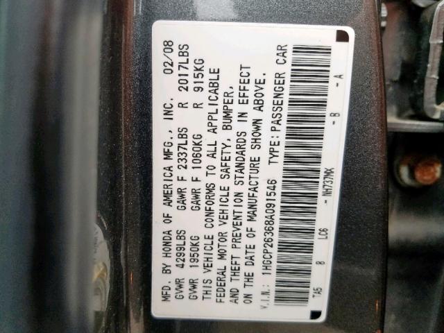 1HGCP26368A091546 - 2008 HONDA ACCORD LX SILVER photo 10