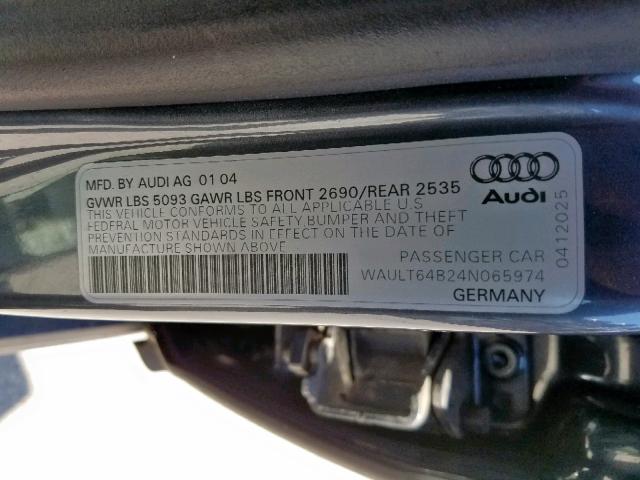 WAULT64B24N065974 - 2004 AUDI A6 3.0 QUA CHARCOAL photo 10