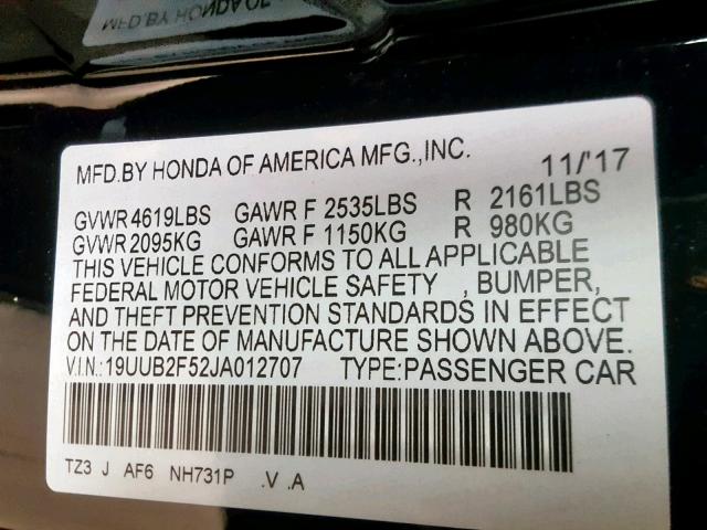 19UUB2F52JA012707 - 2018 ACURA TLX TECH BLACK photo 10