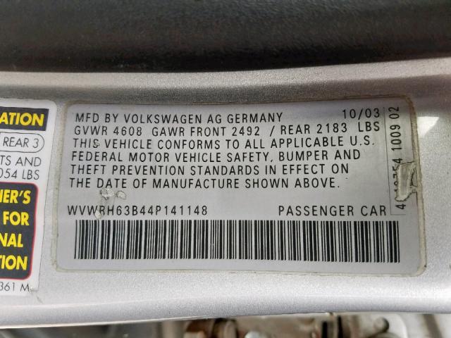 WVWRH63B44P141148 - 2004 VOLKSWAGEN PASSAT GLX SILVER photo 10