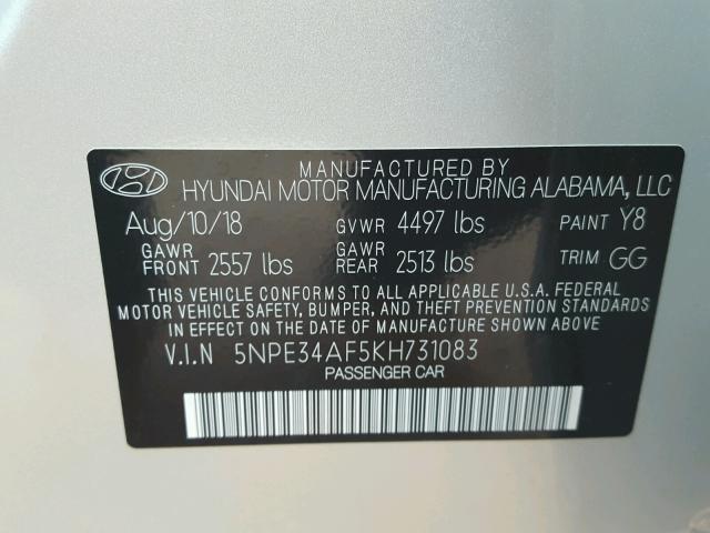 5NPE34AF5KH731083 - 2019 HYUNDAI SONATA SPO SILVER photo 10