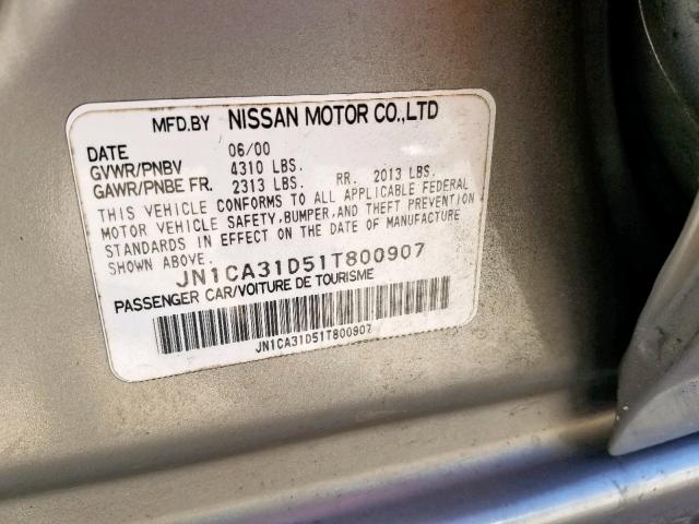 JN1CA31D51T800907 - 2001 NISSAN MAXIMA GXE TAN photo 10