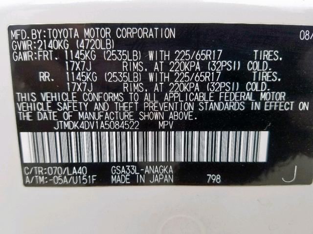 JTMDK4DV1A5084522 - 2010 TOYOTA RAV4 LIMIT WHITE photo 10