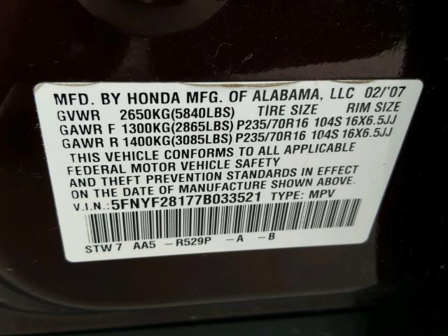 5FNYF28177B033521 - 2007 HONDA PILOT LX BURGUNDY photo 10