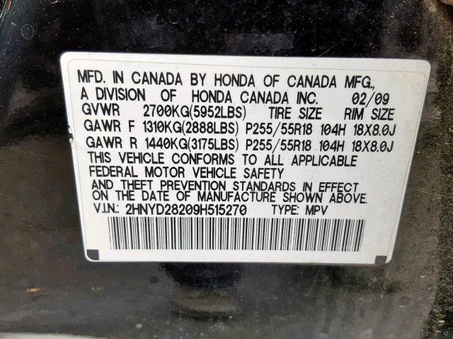 2HNYD28209H515270 - 2009 ACURA MDX BLACK photo 10