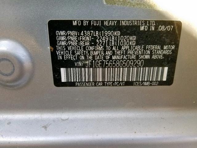 JF1GE75658G509290 - 2008 SUBARU IMPREZA WR SILVER photo 10