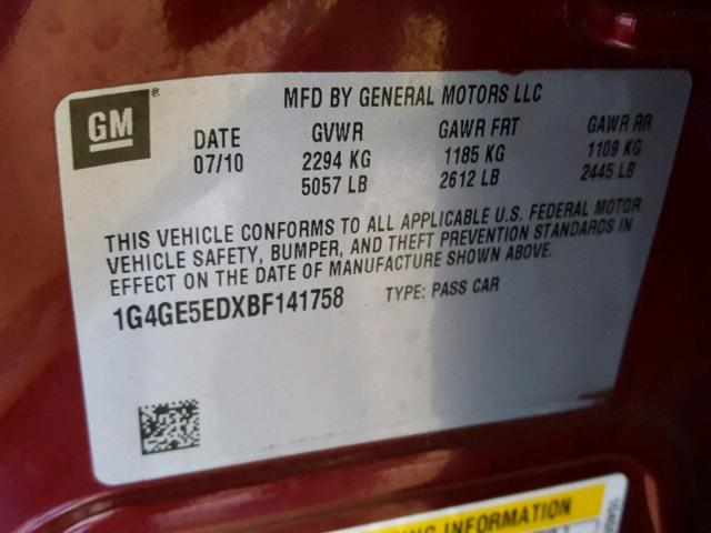 1G4GE5EDXBF141758 - 2011 BUICK LACROSSE C MAROON photo 10