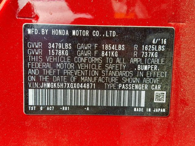 JHMGK5H7XGX044871 - 2016 HONDA FIT EX RED photo 10