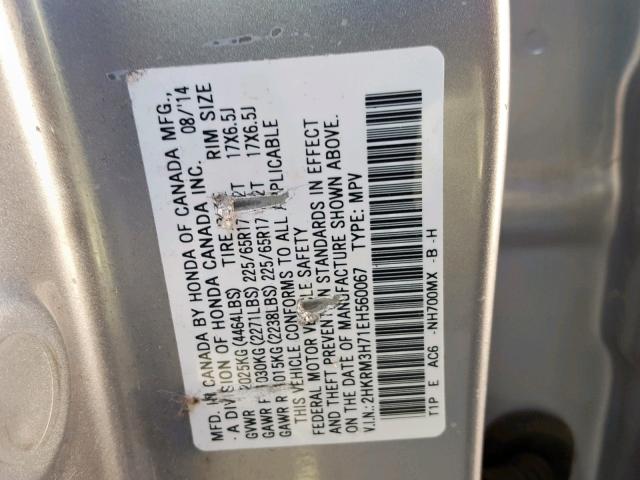 2HKRM3H71EH560067 - 2014 HONDA CR-V EXL SILVER photo 10