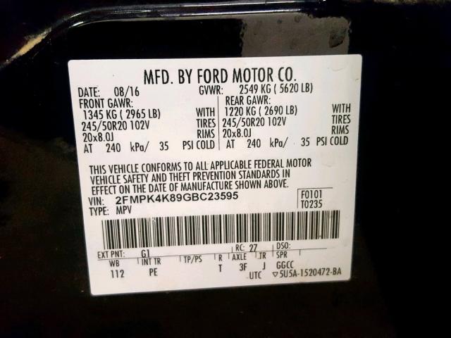 2FMPK4K89GBC23595 - 2016 FORD EDGE TITAN BLACK photo 10