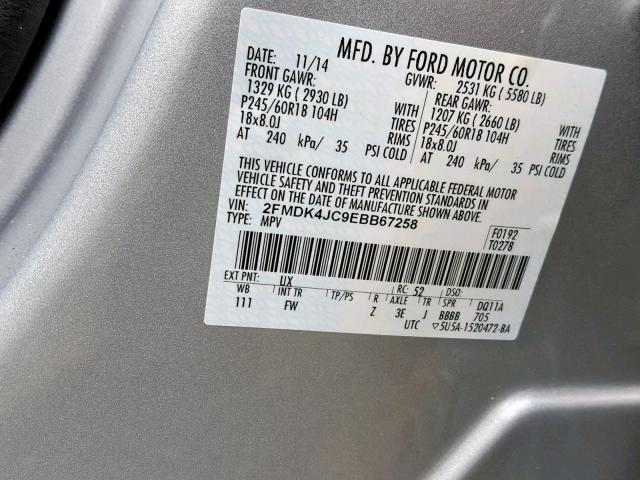 2FMDK4JC9EBB67258 - 2014 FORD EDGE SEL SILVER photo 10