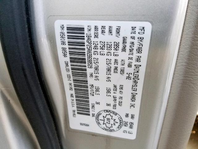 1B4GP25R02B698529 - 2002 DODGE CARAVAN SE SILVER photo 10