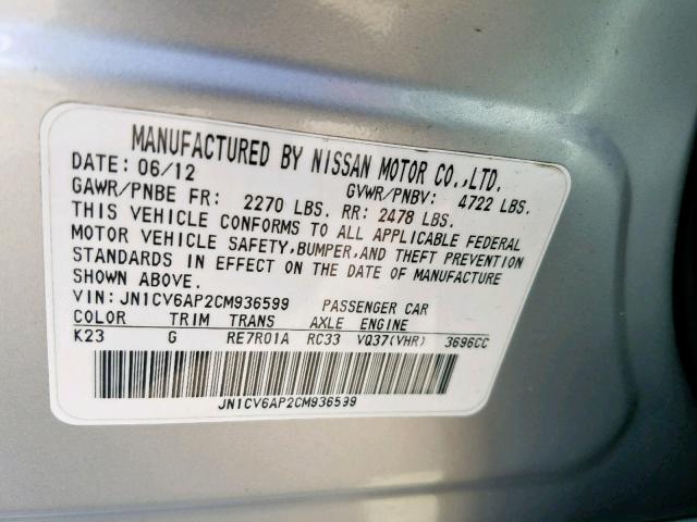 JN1CV6AP2CM936599 - 2012 INFINITI G37 BASE SILVER photo 10