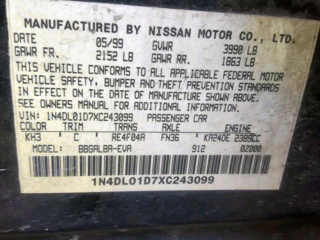 1N4DL01D7XC243099 - 1999 NISSAN ALTIMA XE BLACK photo 10