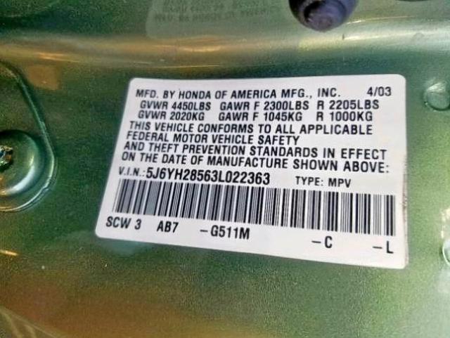 5J6YH28563L022363 - 2003 HONDA ELEMENT EX GREEN photo 10