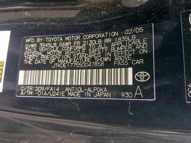 JTKDE177550047858 - 2005 TOYOTA SCION TC შავი ფოტო 10