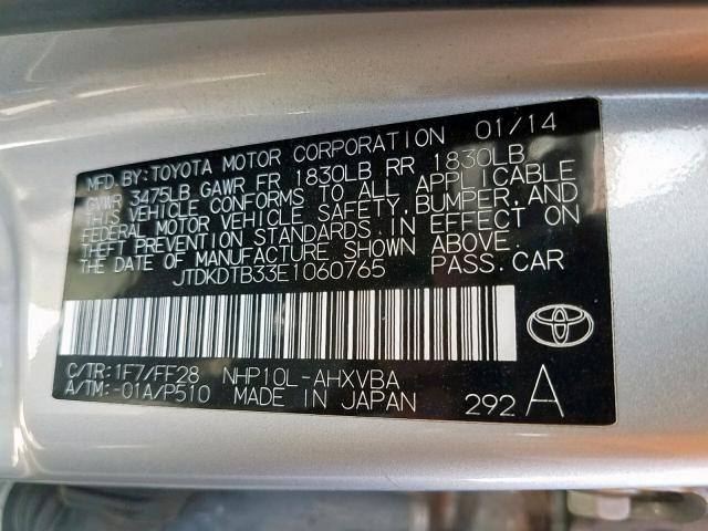 JTDKDTB33E1060765 - 2014 TOYOTA PRIUS C SILVER photo 10