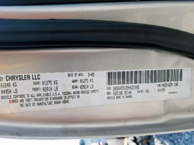 2B3KA33V29H622396 - 2009 DODGE CHARGER SX GRAY photo 10