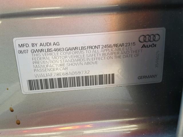 WAUAF78E68A059732 - 2008 AUDI A4 2.0T SILVER photo 10