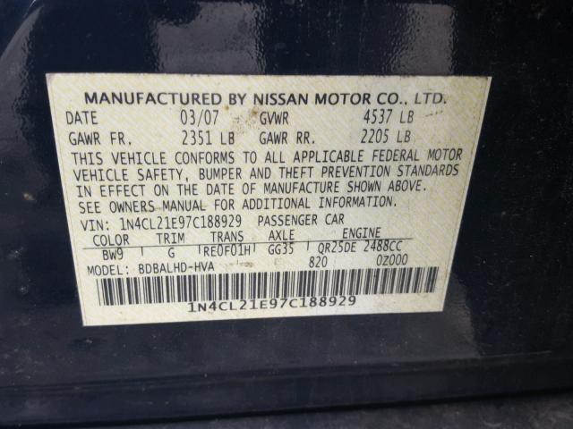 1N4CL21E97C188929 - 2007 NISSAN ALTIMA HYB BLUE photo 10