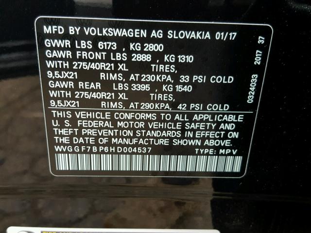 WVGGF7BP6HD004537 - 2017 VOLKSWAGEN TOUAREG EX BLACK photo 10