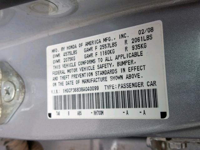 1HGCP36838A040099 - 2008 HONDA ACCORD EXL SILVER photo 10