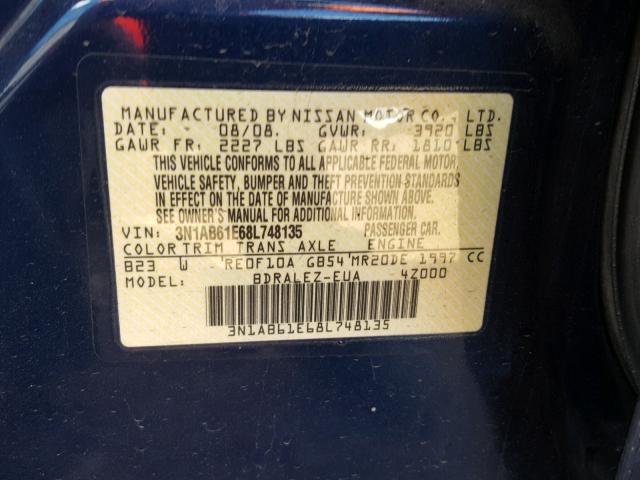 3N1AB61E68L748135 - 2008 NISSAN SENTRA 2.0 BLUE photo 10