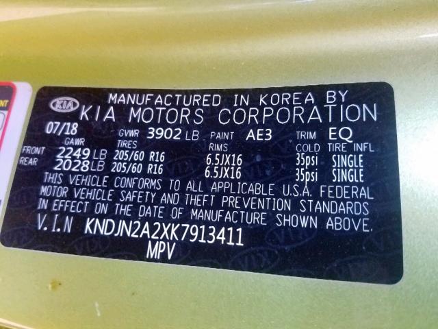 KNDJN2A2XK7913411 - 2019 KIA SOUL GREEN photo 10